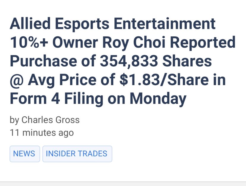 RocketManGuyMan's tweet photo. $AESE - 354,833 shares were bought by an insider which is why it’s picking up volume in PM https://t.co/JGwjxldAuH