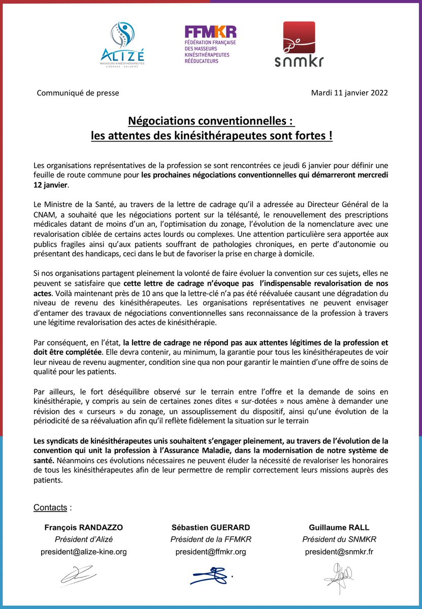 SNMKR1's tweet photo. Découvrez le communiqué intersyndical au sujet de l'ouverture des négociations conventionnelles demain mercredi 12 janv 2022

Notre volonté est de montrer, malgré parfois certaines divergences, l'objectif commun des trois syndicats de revalorisation de TOUS les kinés. #teamkine https://t.co/w4Tx9SM2e1