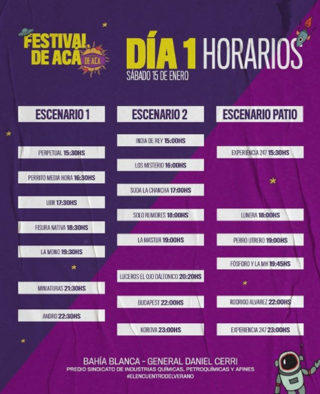 Salieron los horarios del <a href="/festivaldeaca/">FestivalDeAcá</a> de #BahíaBlanca y ya tengo mi recorrido:

<a href="/india_de_rey/">INDIA DE REY</a> 15:00 hs.
<a href="/LaMonoTrio/">LaMono</a> de <a href="/gasparbenegas/">APAI</a> 19:30 hs.
<a href="/elojodaltonico/">Luceros el Ojo Daltónico</a> 20:20 hs.
<a href="/somosminiaturas/">MINIATURAS</a> 21:30 hs 🎹 
<a href="/PerroIndioRock/">Perro Indio</a> 22:00 hs.