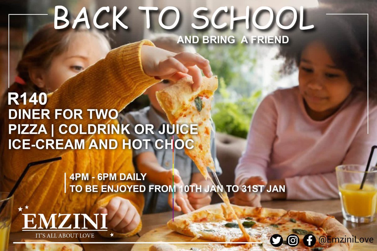 2022 and almost time to go back to school! 😉 Join us for a breather and treat the kids to a delicious dinner here at Emzini. R140 for two kids under 12.

#EmziniLove #BacktoSchool #diningout #backtowork