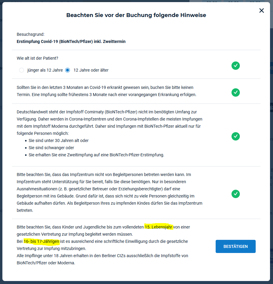 dcdoron's tweet photo. Frage an @SenWFGGP : Was gilt für Jugendliche, die das fünfzehnte Lebensjahr vollendet haben und somit 15 Jahre alt sind bis sie dann ein Jahr später 16 Jahre alt werden?
BTW: Der Screenshot stammt von der Terminanmeldeseite über Doctolib und vom heutigen Tag! https://t.co/To70mB1xLz