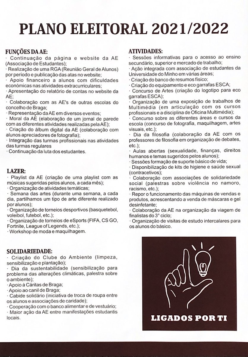 ListaL_esca's tweet photo. A Lista L tem o prazer de apresentar o seu Plano Eleitoral 2021/2022, que reflete a nossa ambição e o trabalho dedicado a este projeto. Contem connosco na luta dos estudantes, para fazermos da ESCA uma escola para todos!
Liga-te a nós 💡 https://t.co/vXcnJAH5zt