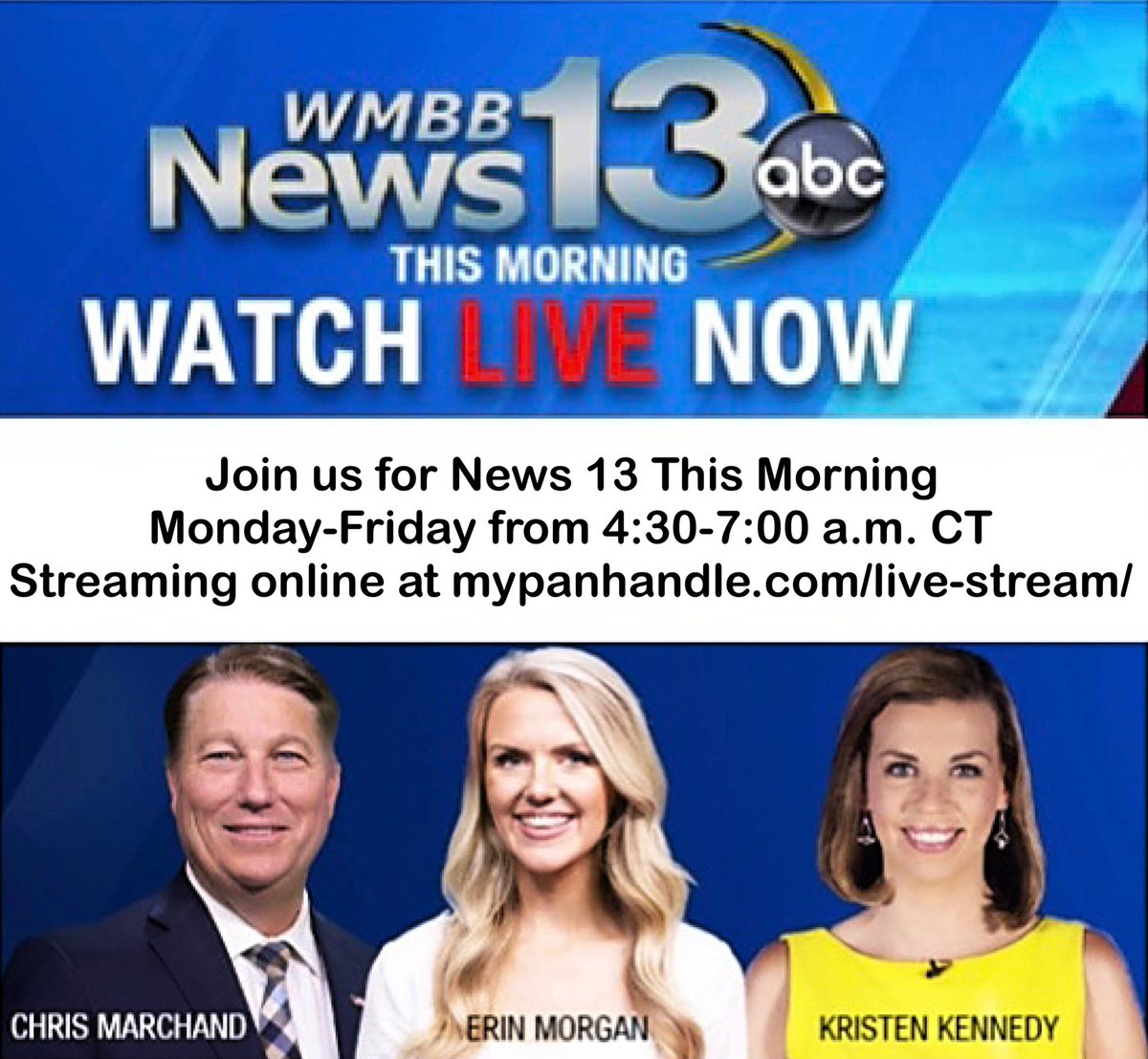 WMBBTV's tweet photo. On News 13 This Morning:
🚨arrests made in drive-by shooting that left one Walton County woman paralyzed
🚁new EMS transportation in Calhoun County 
🎨100 ft mural coming to Panama City 
🕯sex trafficking vigil tonight
🥶 latest cold #FLwx forecast 
🏈 CFP recap, trending &amp; more! https://t.co/vsAmRy063X