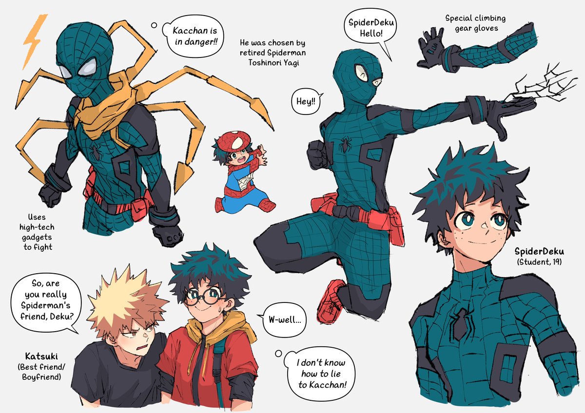 SpiderDeku!✨🕷️

I'm always late but here it is! It's like a combination between Miles admiring the original and prototype Deku without powers but with technology

 I'm also thinking of Multiverse Kacchan as Spidergwen 😚🧡💚 