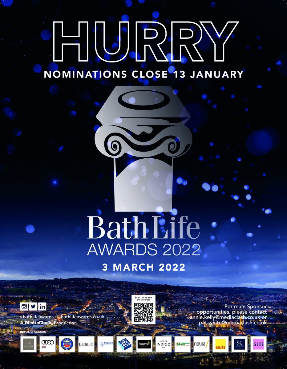Nominations: The Bath Life Awards deadline is this Thursday at 8pm. Please don’t leave it until the last minute to enter: bathlifeawards.co.uk/nominate/

Once completed please submit via the website or you can send your form and supporting material directly to Liam.