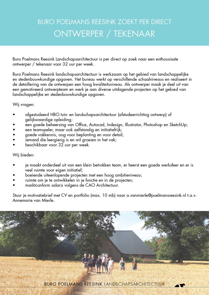Wij zoeken een nieuwe collega die ons ontwerpteam komt versterken!
#job #ontwerper #landschapsarchitectuur #vacature #baan #collegagezocht #stedenbouw