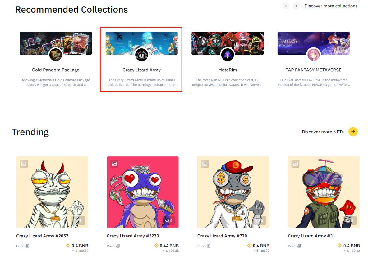 Thanks <a href="/TheBinanceNFT/">Binance NFT</a> for recommending!
#CrazyLizardArmy is trending there!🔥🔥
Let's go🚀🚀🦎🦎

#nftart #NFTartist  #NFTshill  #BinanceSmartChain #BinanceNFT #NFTCommumity  #NFTdrop  #nftcollectors #NFTCollection #NFTs
