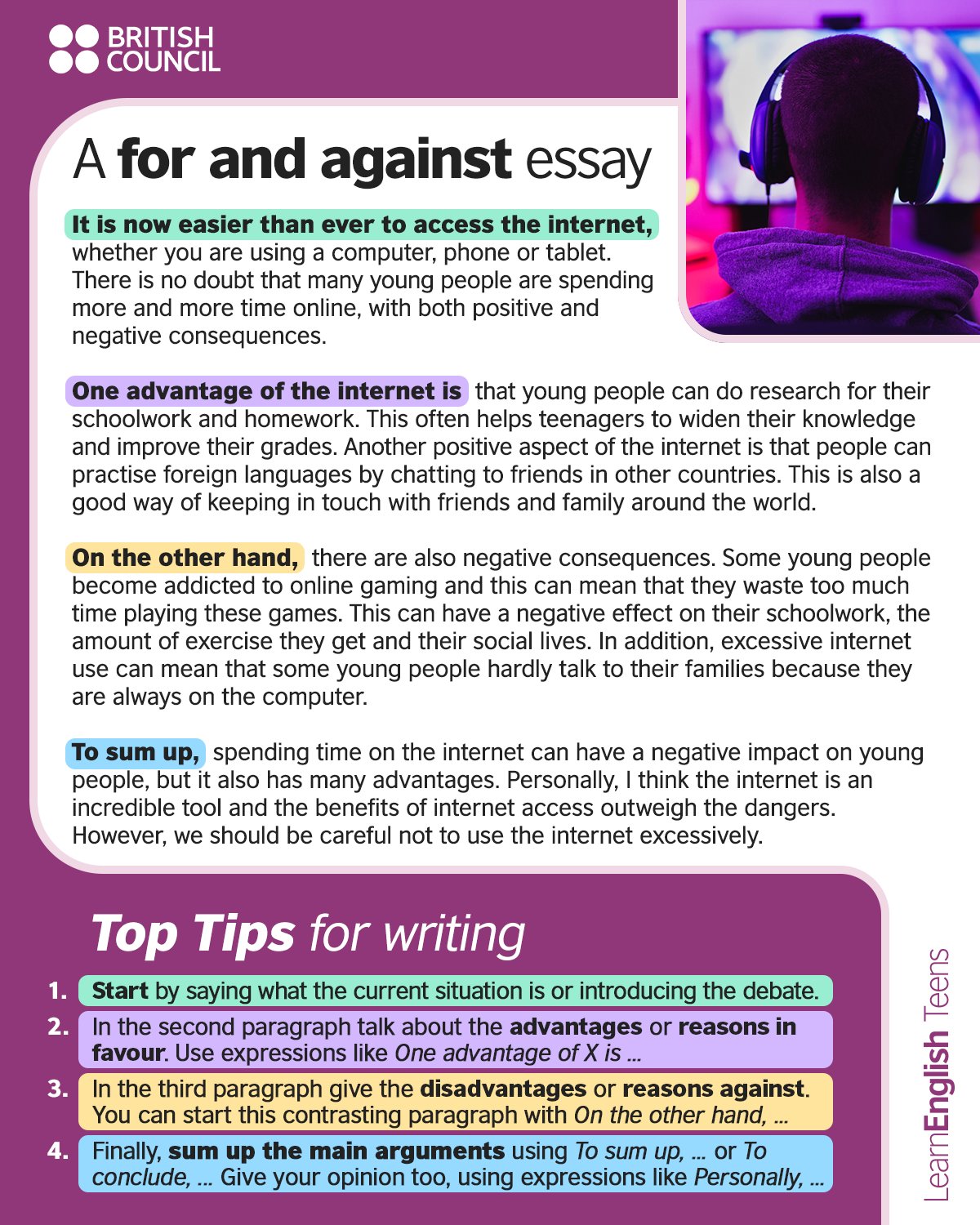 LearnEnglish on X: Is the internet bad for young people? Read this  example, then do the exercises here to learn more about writing a for and  against essay:  Click here for