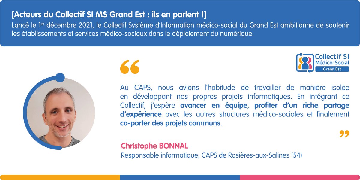 pulsy_grandest's tweet image. 💡 [Acteurs du Collectif SI MS Grand Est : ils en parlent !]
Rencontre avec Christophe BONNAL, responsable informatique au CAPS de Rosières-aux-Salines (54), qui nous explique sa motivation à intégrer le Collectif SI MS #GrandEst ⤵️

#SystèmeInformation #MédicoSocial #esanté