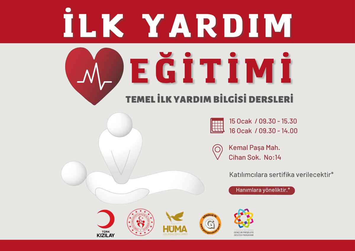 Hanımlara yönelik sertifikalı Temel İlk Yardım Bilgisi derslerimizi 15 ve 16 Ocak tarihlerinde KIZILAY ile dernek binamızda gerçekleştireceğiz.
.
.
.
#humauod #huma #uluslararasıöğrenci #sakarya #KIZILAY #ilkyardım #temelilkyardımbilgisi