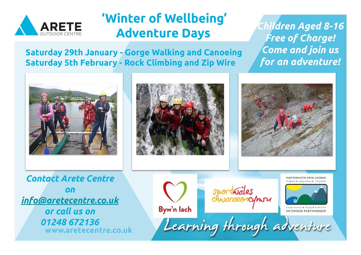 aretecentre's tweet photo. We have 2 Adventure Days this Jan and Feb for children aged 8-16. With support from @sportwales @PAA_TOP  and @BywnIachCymru we are able to offer 20 free places on each day. Please share! https://t.co/zbxEfsXzW5