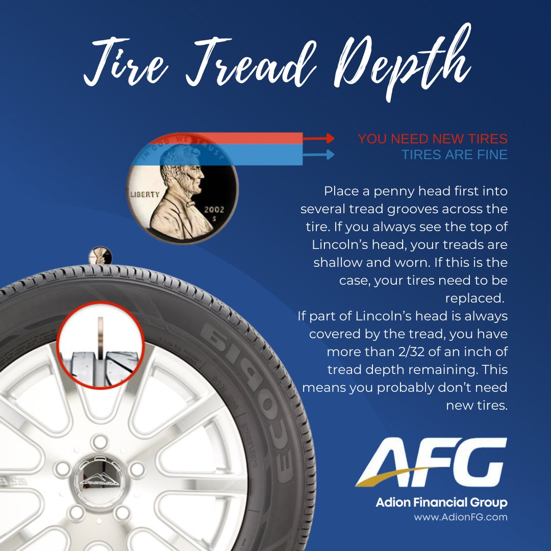 AdionFG's tweet photo. The most important reason to worry about #TreadWear is #Safety. With this easy test, a penny can buy you peace of mind when it comes to your tires and safety. 

#TuesdayTip #Tires #PennyTest #Insurance #InsuranceAgency #InsuranceBroker #InsuranceAgent https://t.co/bRwZqklsYB