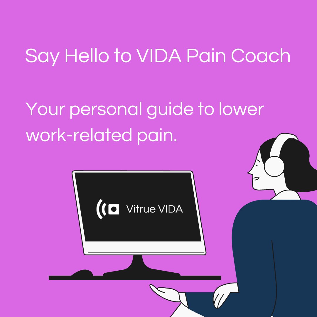 VitrueHealth's tweet photo. Say goodbye to work-related pain and hello to VIDA Pain Coach! 👋

Learn more about how Pain Coach can help you and your team and try it for yourself today: https://t.co/S6vlCCFjyk

#VitrueHealth #VIDA #PainCoach #PainManagement #Wellbeing #Wellness #BetterHealth #JointPain https://t.co/phguQrD90C