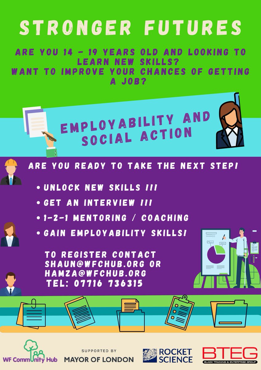 The Stronger Futures programme is back! Our second cohort begins soon, so get in touch. For more information call on 07716736315 or email Shaun@wfchub.org <a href="/LDN_gov/">London Gov</a> <a href="/_RocketScience_/">Rocket Science</a> @BTEG_LDN

#StrongerFutures #wfchub #Employability #SocialAction