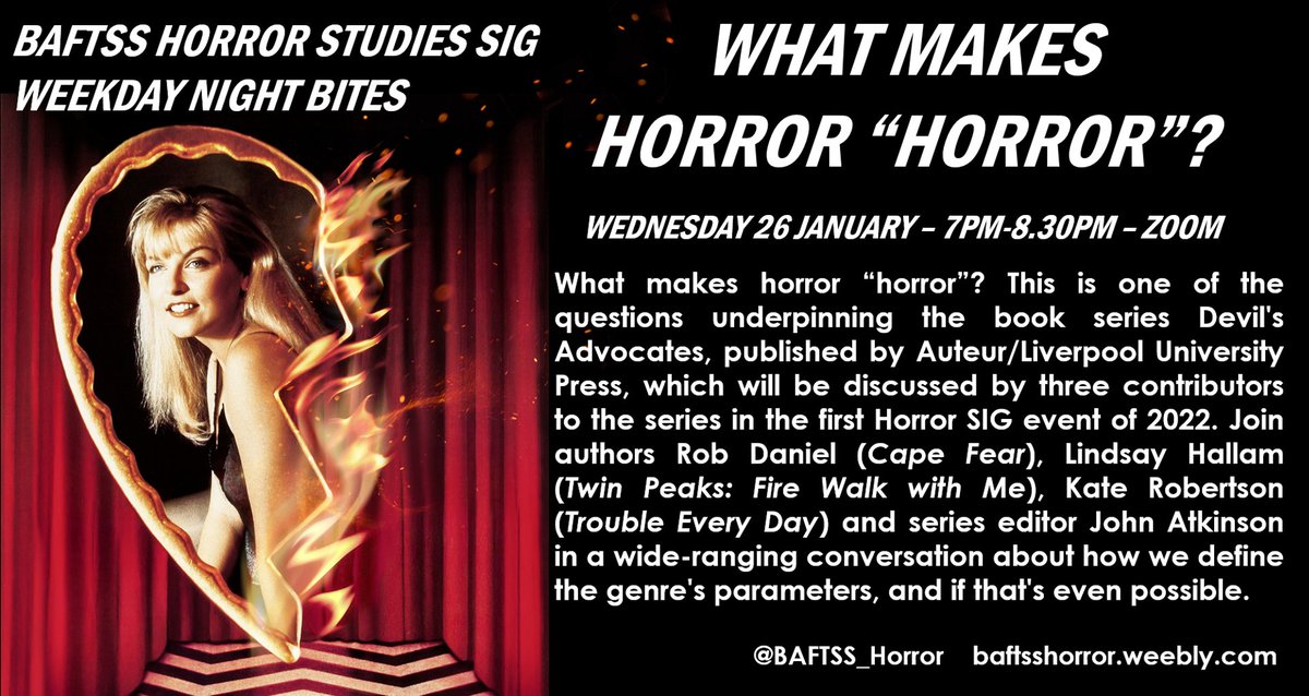 Our first event of 2022, on 26/01, with @DevilsAdBooks - join authors Rob Daniel, <a href="/LindsayHallam1/">Lindsay Hallam</a>, @final_fatale &amp;  Series Editor <a href="/mrauteur/">John Atkinson</a> as they explore the parameters of the genre: what makes horror "horror"? Register: forms.office.com/r/Eyumk6gC7z 
@AuteurPub <a href="/LivUniPress/">Liverpool University Press</a> <a href="/baftss/">BAFTSS</a>
