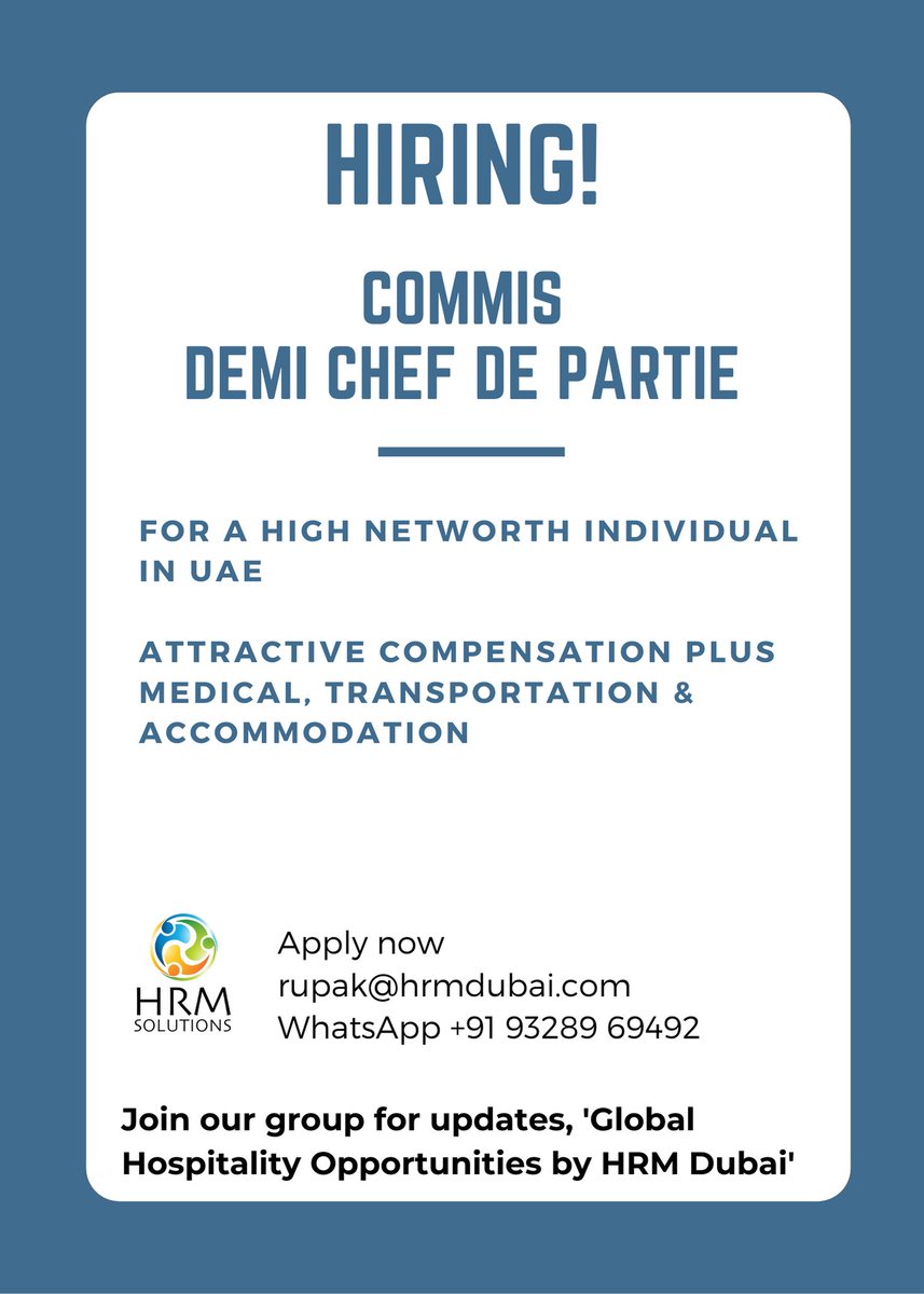 Hiring Commis Chef De Partie!
For a High Networth Individual in UAE
Attractive compensation plus medical, transportation and accommodation

lnkd.in/druzWCuv
lnkd.in/gUgVrE5W

#chefdepartie #commis #uaejobs #hoteljobs #jobs #hiring #frontoffice #hotels #events