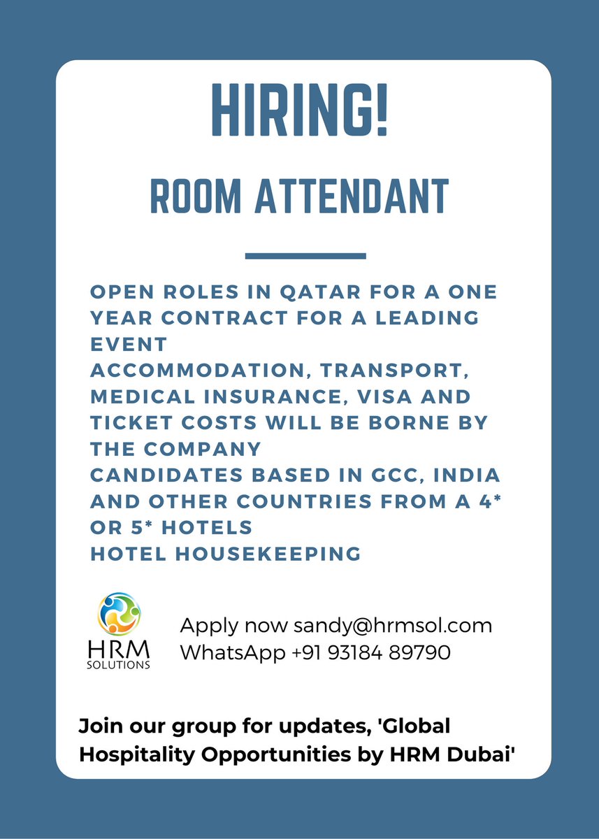 Hiring Room Attendant!

Open roles in Qatar for a one year contract for a leading event

Accommodation, transport, medical insurance, VISA &amp; ticket costs will be borne by the company

Candidates based in GCC, India and other countries from a 4* or 5* hotels