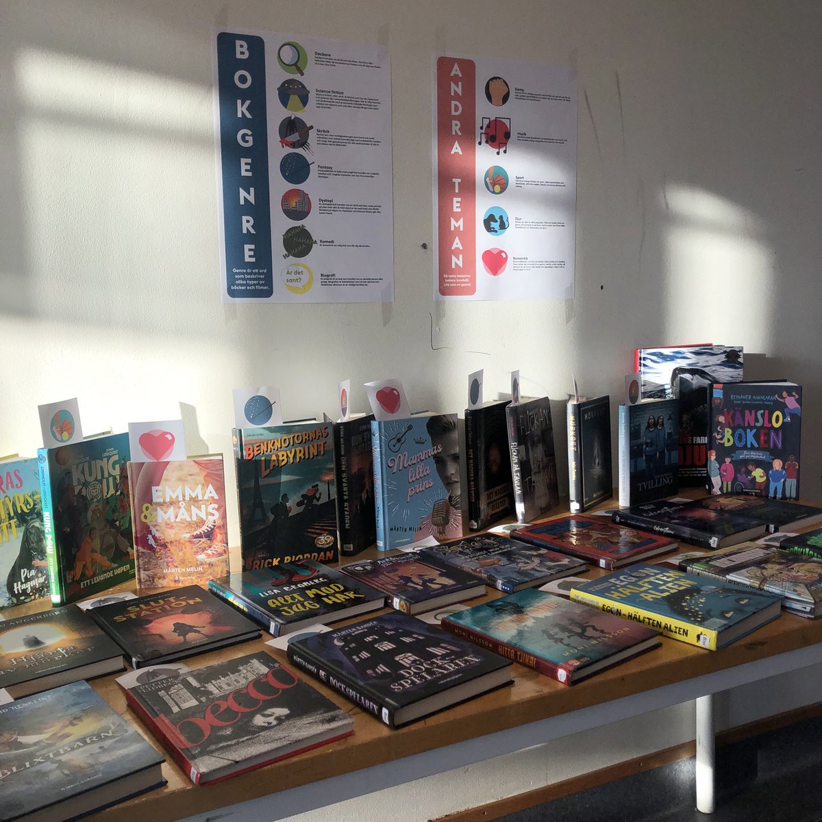 Inleder terminen med ett bokbord i fyrornas korridor. Böckerna är märkta med genre/tema-bokmärken för att guida eleverna.