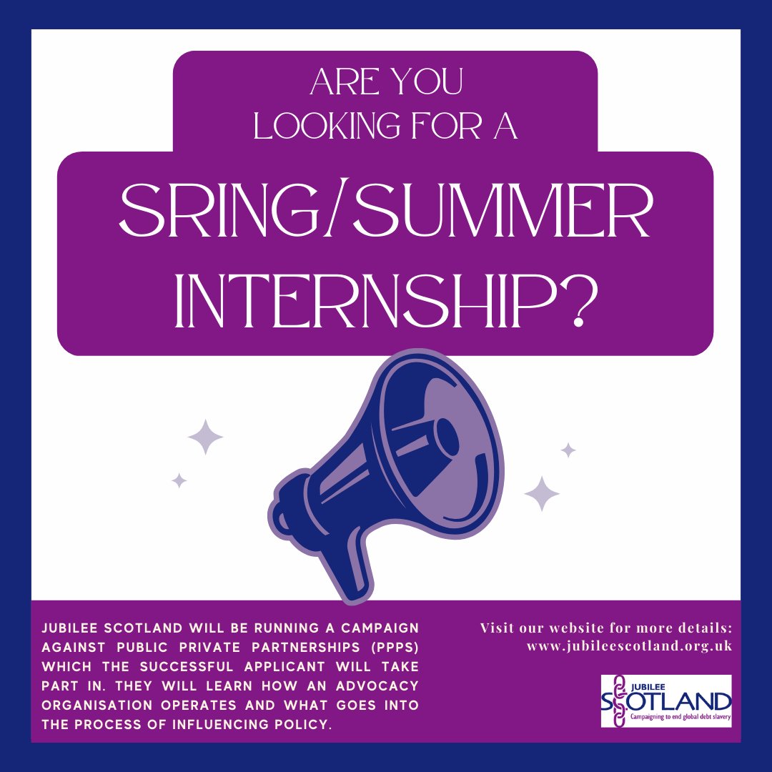 jubileescotland's tweet image. In this placement, you will take part in our exciting upcoming campaign against PPPs.

You will learn how an advocacy organisation operates and what goes into the process of influencing policy. 

Application deadline: 01/02/2022

Read more here: buff.ly/38WWhh0