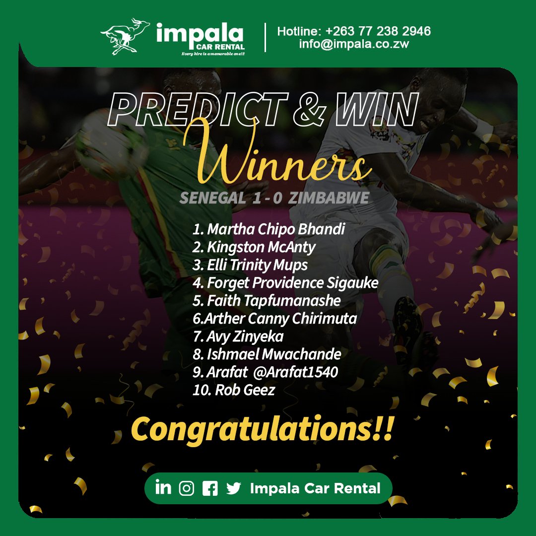 impalacarrental's tweet photo. Congratulations, Amhlophe, Makorokoto to our 10 lucky winners. Reach out to our Brand Management Team on 0712 843 617 for collection of your price.
#ZimbabweVsSenegal
#PredictAndWinChallenge https://t.co/NSL6dCoC3U