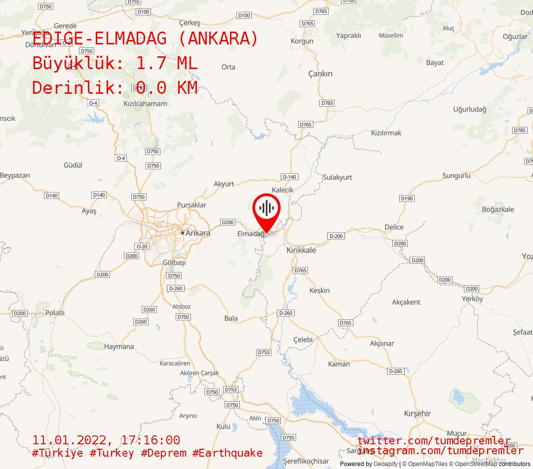 TumDepremler's tweet photo. #DEPREM #EARTHQUAKE
EDIGE-ELMADAG (ANKARA)
Enlem (Latitude): 39.9132
Boylam (Longitude): 33.3210
11.01.2022, 17:16:00 TSİ(LocalTime)
Büyüklük (Magnitude): 1.7 ML
Derinlik (Depth): 0.0 KM

#Türkiye #Turkey #Edige #Elmadag #Ankara https://t.co/AAHYZHjBrs