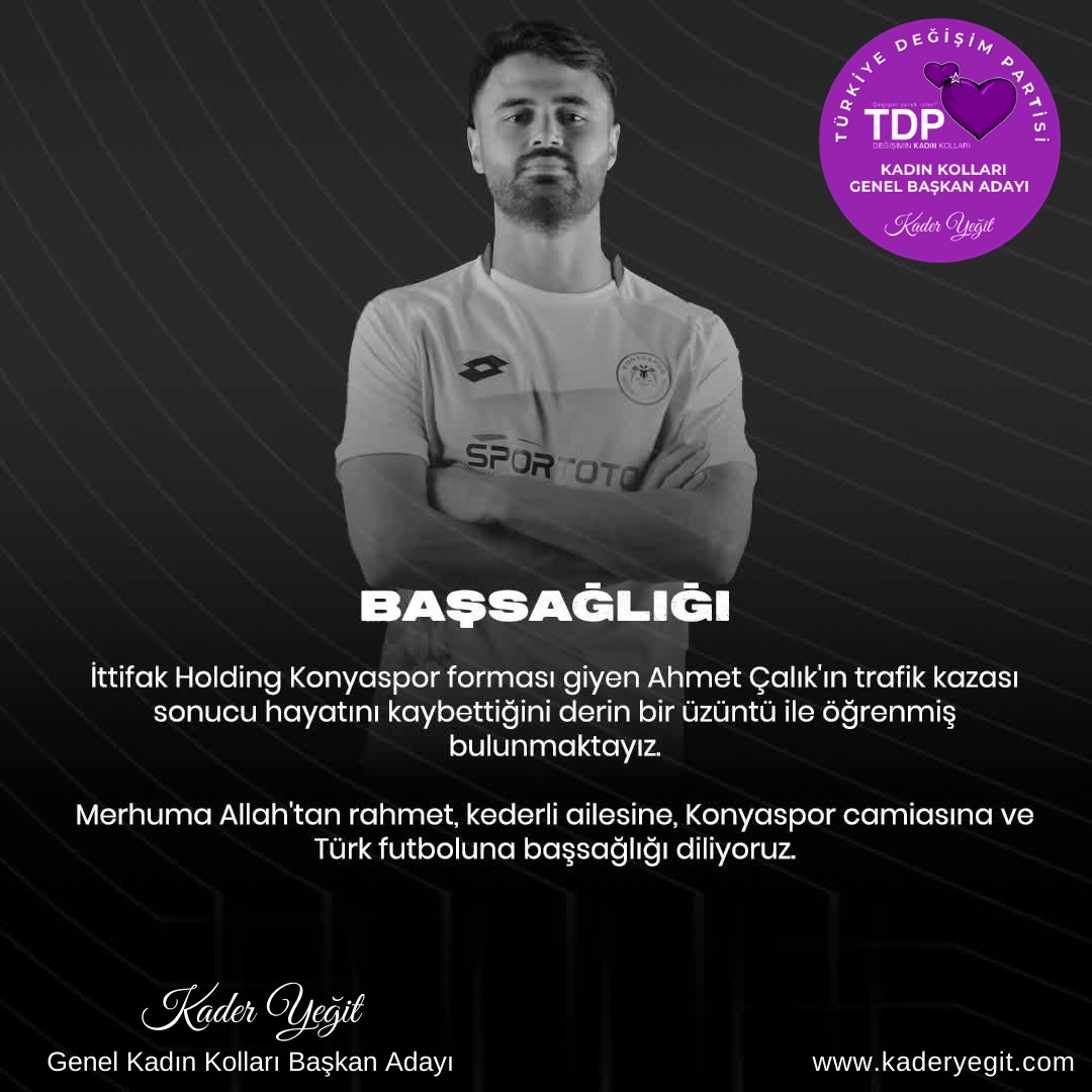 İttifak Holding Konyaspor forması giyen Ahmet Çalık trafik kazası sonucu hayatını kaybetmiştir, Allah'tan rahmet, kederli ailesine, Konyaspor camiasına ve Türk futboluna başsağlığı diliyoruz.
#AHMETCALIK