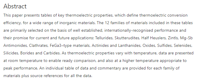 JPhysEnergy's tweet photo. 🆕INTRODUCING Key properties of inorganic #thermoelectric materials– tables (v1). Led by Prof Robert Freer @OfficialUoM, the paper is the first of its kind &amp; was assembled by an international team inc @paz_vaqueiro @kazzk2z @SnyderGroupNU 🇬🇧��🇳🇺🇸🇫🇷🇮🇳🇯🇵🇹🇷➡️
https://t.co/lLOnKAkLiq https://t.co/ThxMy6t0fU
