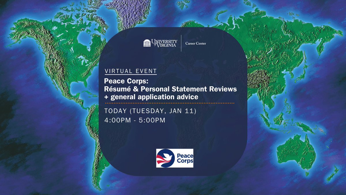 Interested in applying to the Peace Corps? Log in this afternoon for general application advice + résumé and personal statement reviews! 
Tuesday, Jan. 11 
4pm-5pm
virginia.joinhandshake.com/events/931802/…