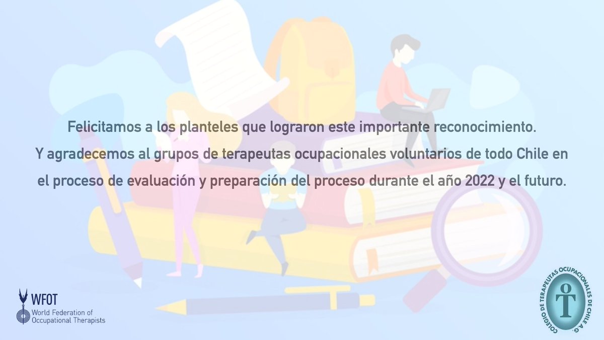 ChileColto's tweet photo. Como Colegio de Terapeutas Ocupacional de Chile A.G. 

Queremos reconocer y felicitar el trabajo de 5 planteles chilenos que lograron la acreditación y re-acreditación máxima de 7 años ante la Federación Mundial de Terapeutas Ocupacional.

#coltochilesomostodos https://t.co/048sCgkhZp