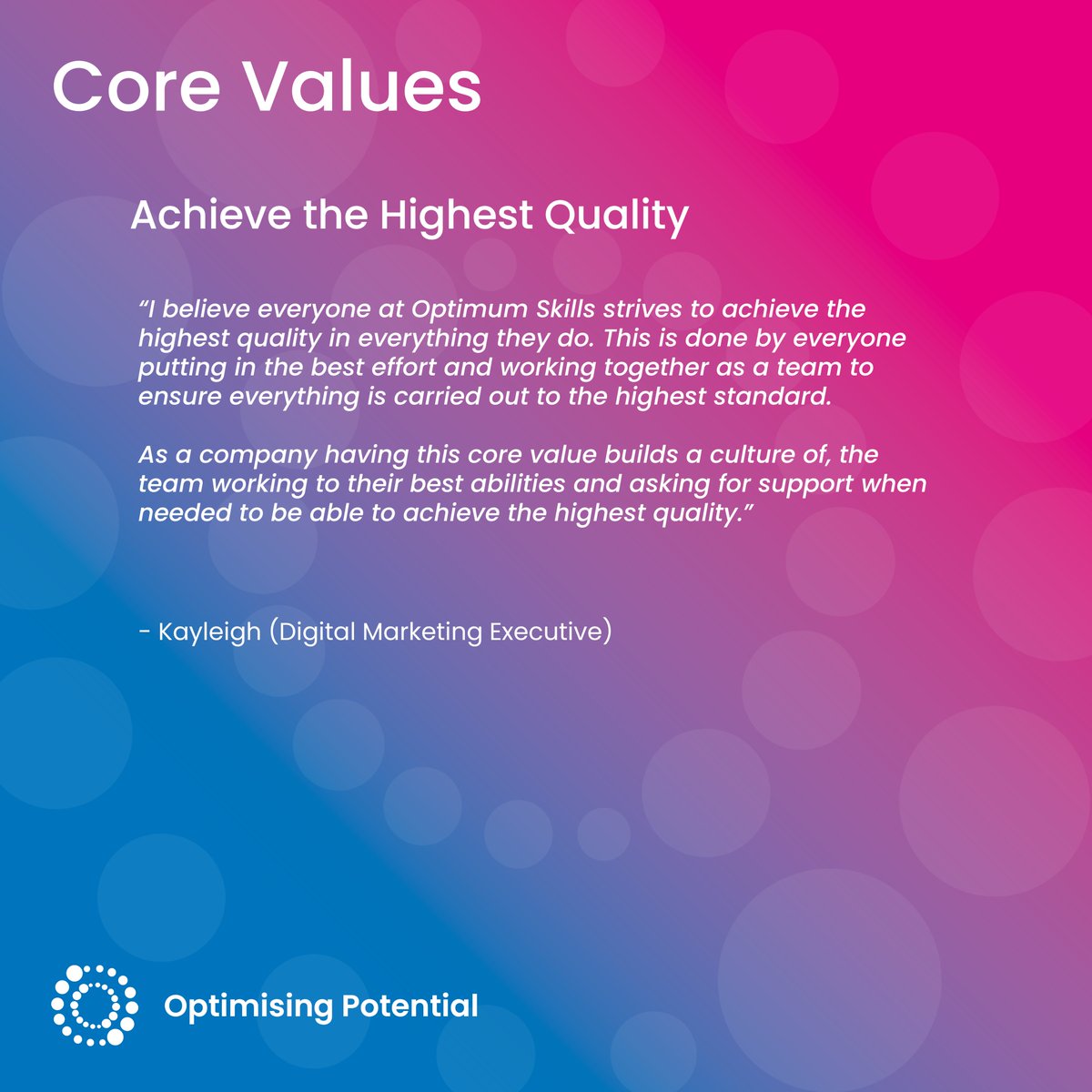 As part of the Optimum Skills monthly Employee Voice meetings, one member from each team is given one of our core values to reflect on how this fits into their job role and our overall culture.

#OptimisingPotential #AchievetheHighestQuality https://t.co/GGSvkgvYRi