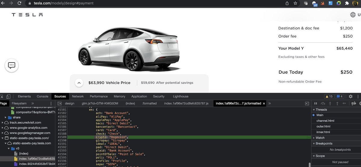 Deeeerin's tweet image. BIG ALPHA!!! Tesla will add #dogecoin as payment for their vehicles!! 🤯🔥🔥🚨🚨🚨

Don't trust, verify!! Sourcecode: static-assets-pay.tesla.com/v3/index.1af96…

#doge $doge #tesla