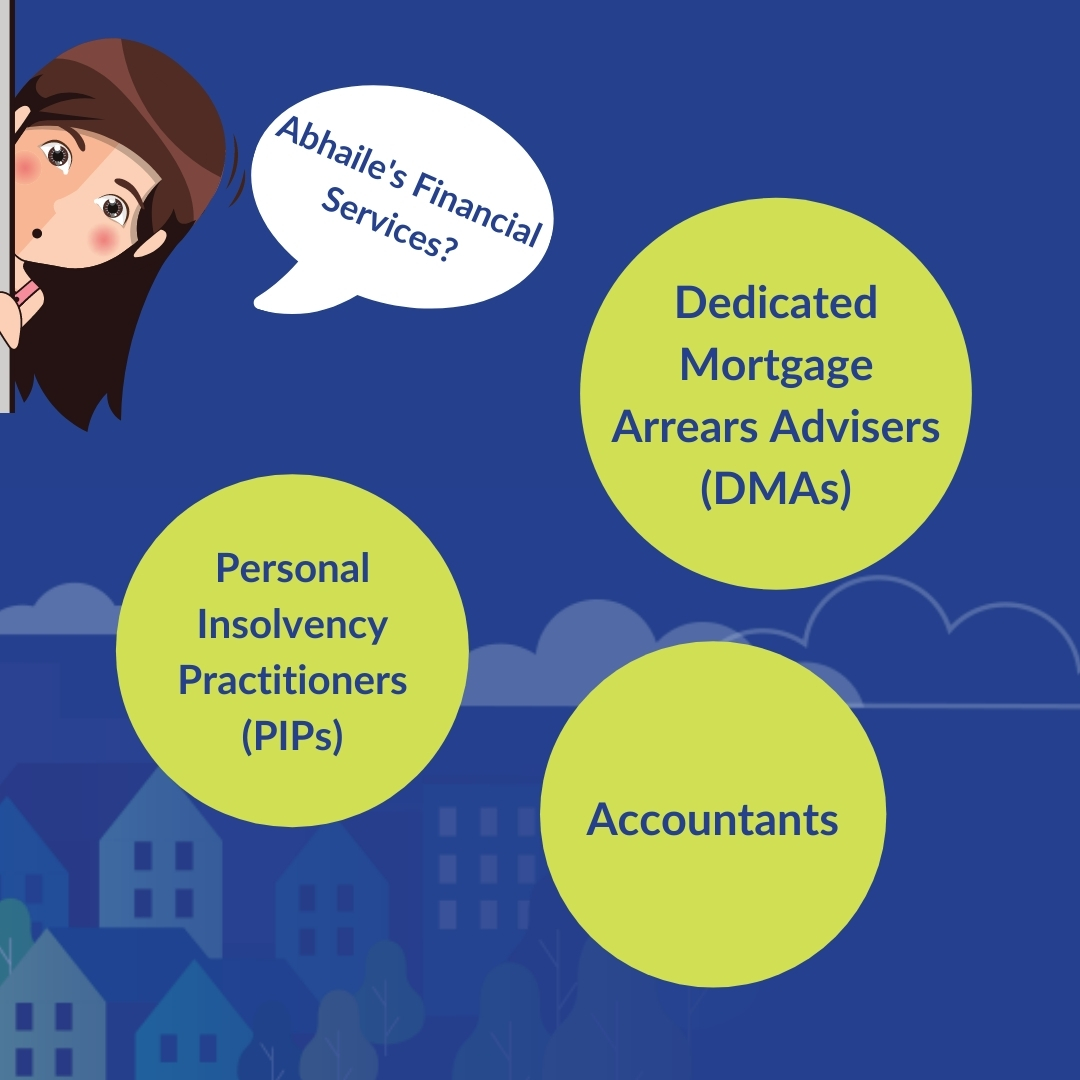 AbhaileInfo's tweet image. The #Abhaile scheme provides access to 2 types of services: Financial &amp;amp; Legal.

Our #FinancialServices include:
👉Dedicated Mortgage Arrears advisers (DMAs)
👉Personal Insolvency Practitioners (PIPs) 
👉Accountants

For more information, please visit mabs.ie/abhaile.