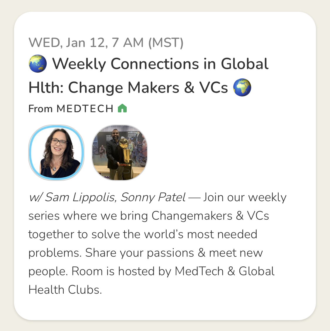 Sam Lippolis (@samiamlip) on Twitter photo Join us live 🌏 Weekly Connections in Global Hlth: Change Makers & VCs 🌍 on Clubhouse with the best cohost <a href="/sonnypatel/">Sonny Patel</a> <a href="/medtechclub/">MedTech Club</a>
January 12 Wednesday 6am PT / 9am ET
clubhouse.com/event/xBvo9jpx
#globalhealth #venturecapital Join us live 🌏 Weekly Connections in Global Hlth: Change Makers & VCs 🌍 on Clubhouse with the best cohost <a href="/sonnypatel/">Sonny Patel</a> <a href="/medtechclub/">MedTech Club</a>
January 12 Wednesday 6am PT / 9am ET
clubhouse.com/event/xBvo9jpx
#globalhealth #venturecapital