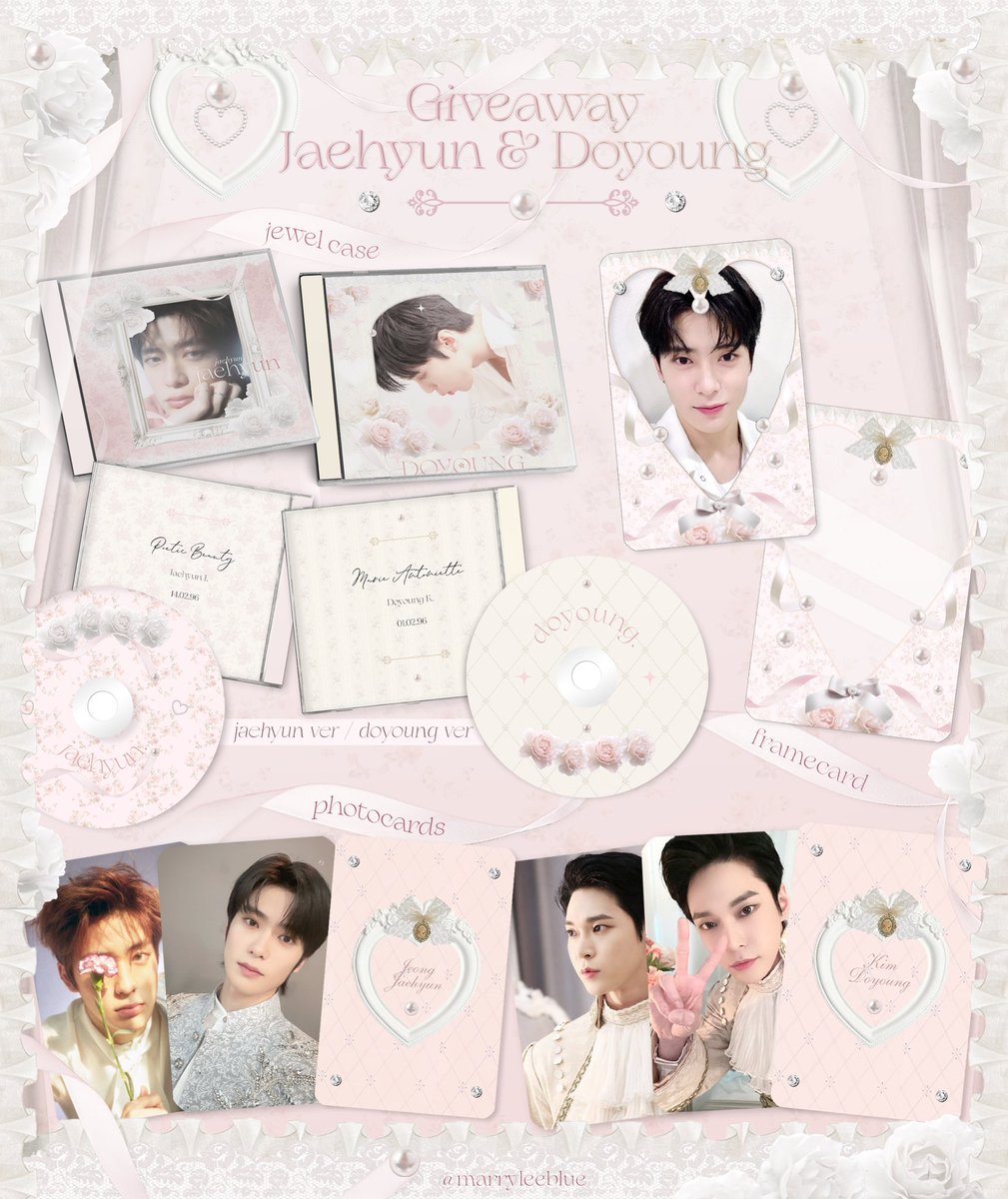 𝒫𝓁𝓈 - 𝓇𝓉 🦢 =͟͟͞͞♡

𝒢𝒾𝓋ℯ𝒶𝓌𝒶𝓎  𝒥𝒽♡𝒟𝒴

𓍯total 20 sets 
♡ jewel case ( jh ver.) 10 ea ( dy ver.) 10 ea
♡ frame card 1 ea / ver.
♡ photo card 2 ea / ver.
♡shipping 40 thb

👼🏻 special gifts (?) 🎁

GG form : tba🧁🎀

#happyjaehyunday ♡ྀི
#happydoyoungday ♡ྀི