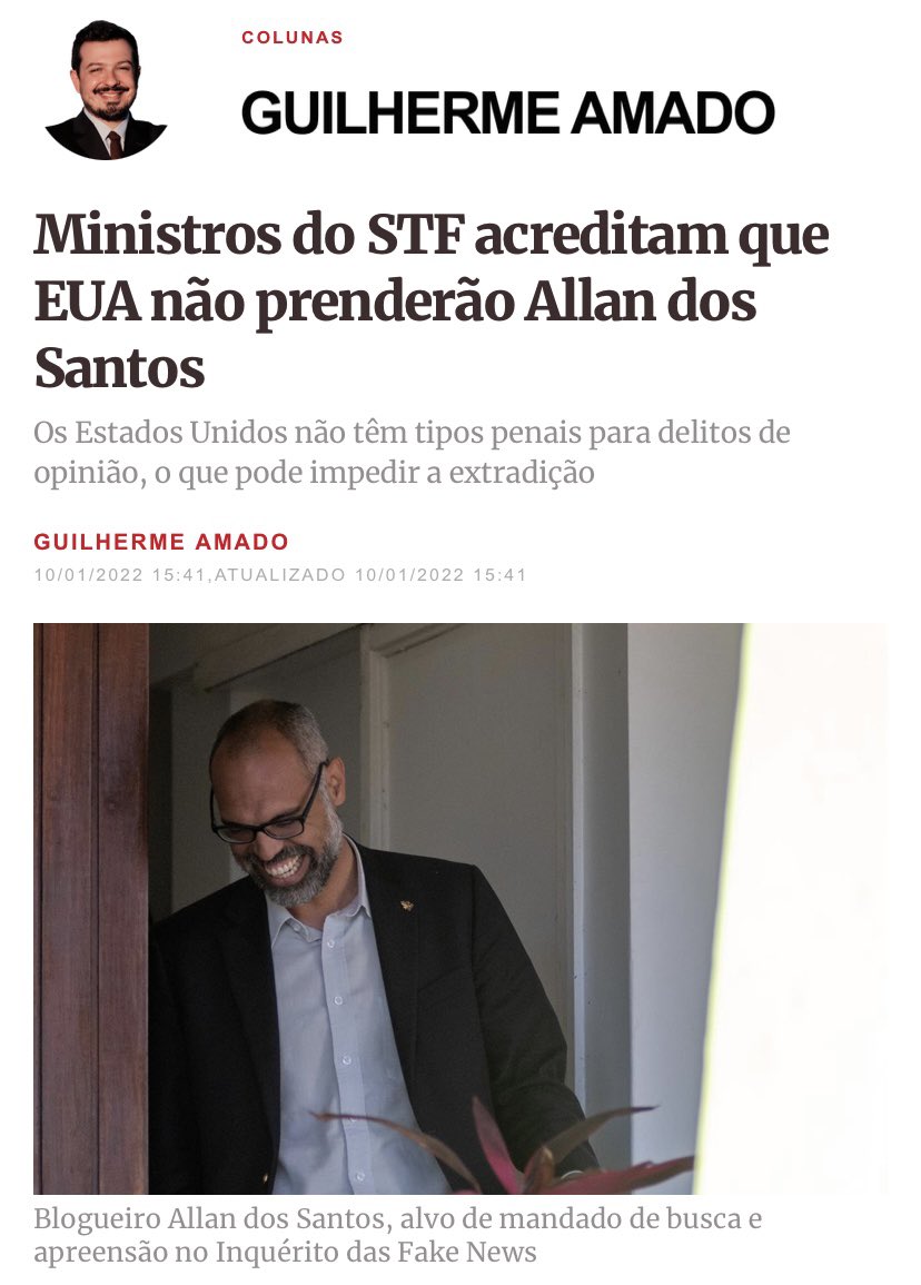 Traduzindo, o STF sabe que nos EUA não existe crime de opinião tipificado na lei. No Brasil também não existe, mas nos EUA a justiça cumpre a lei, já no Brasil…