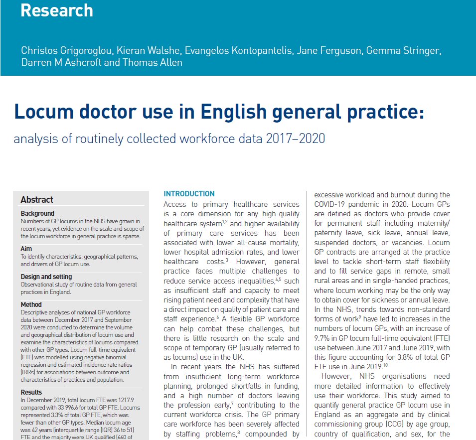 Our new open access paper on Locum GP use in the NHS is out today @BJGPjournal. We used routinely collected data to explore variation in their use, their characteristics and also drivers of higher locum use. full paper @ bjgp.org/content/early/… @NIHRresearch @HealthEcon_MCR