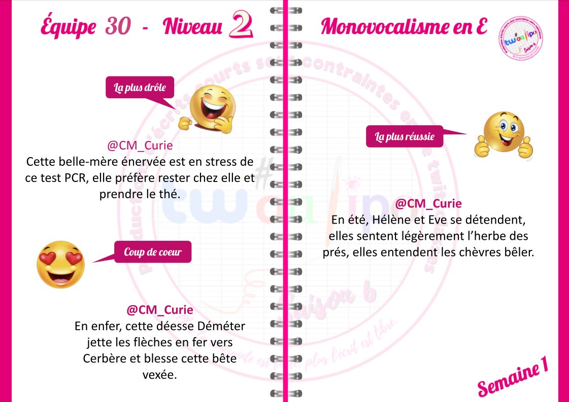 #Twoulipo
Voici les préférées de l'#EQ30 !!
Félicitations à tous....
<a href="/ClasseTerraz/">Classe de G.TERRAZ (CM)</a> 
<a href="/CmChalland/">CM_Challand</a> 
<a href="/CM_Curie/">CM - Pierre Curie</a> 
<a href="/cm_petit/">Les CM du petit Prince</a> 
<a href="/MarylineBouiss1/">Maryline Bouisseren</a>
<a href="/CM2_Esplanade08/">CM2 Esplanade08</a>
<a href="/Cmtousensemble/">Ensemble cm1/cm2</a>