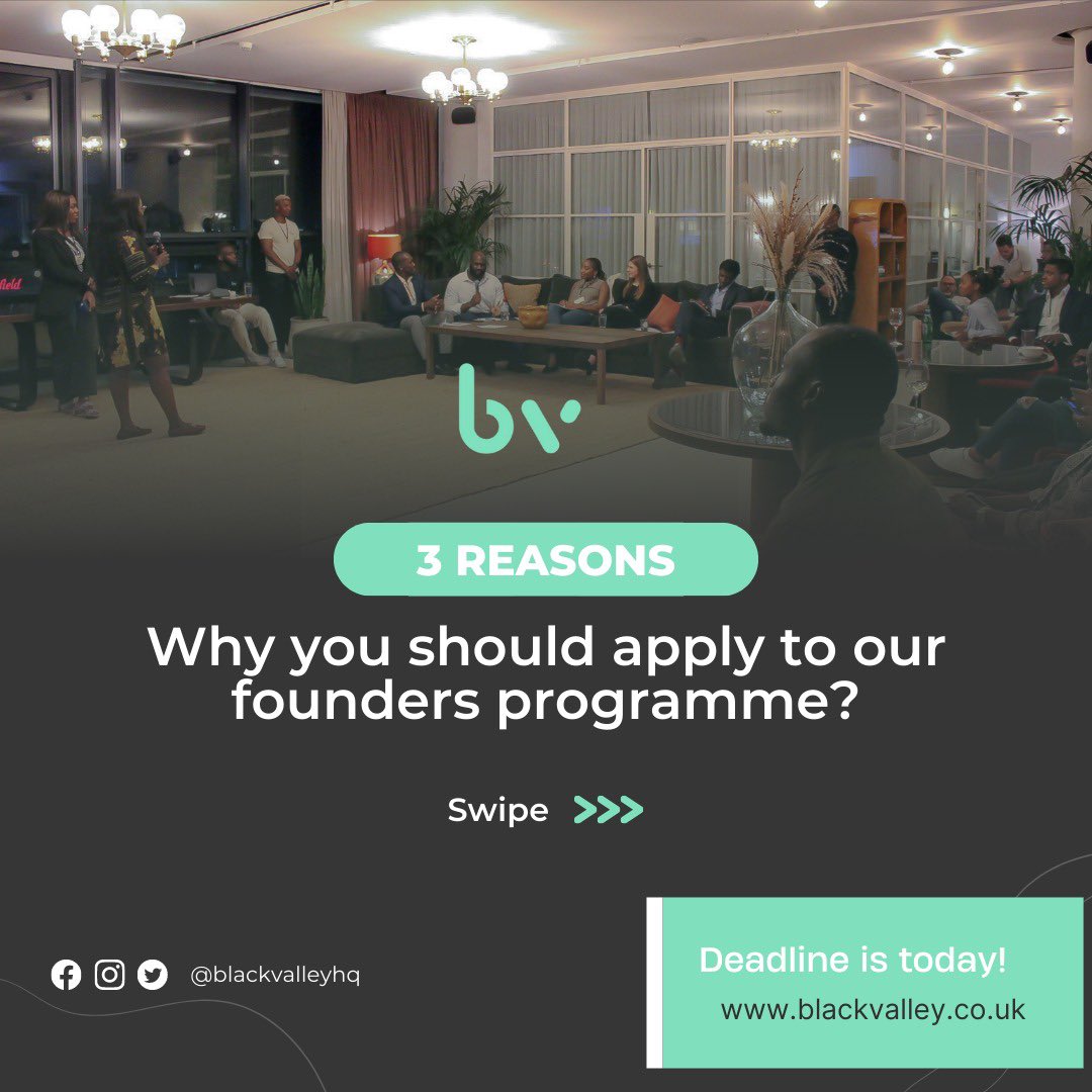 blackvalleyhq's tweet photo. 🗣️ Last call!
Calling all Black-owned early-stage founders! (Based in the UK) with an idea they want to launch this year.
Deadline is midnight today!
Apply here:https://t.co/FABwlhcV9X
#blacktechuk #technology #entrepreneurship #startups #BlackTwitter #BlackTechTwitter https://t.co/Rp9yO4qGl6