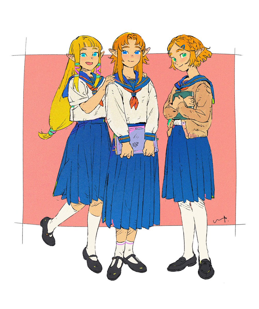 princess zelda school uniform multiple girls skirt long hair smile pointy ears serafuku  illustration images