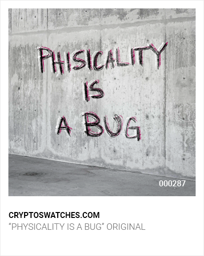 cryptoswatches's tweet photo. Up for auction: mint No. 1 from our "Physicality is a Bug" original.

https://t.co/ckqslZJjmL

We're also giving away mint No. 2 and 3. To enter the draw:

1. Like, RT, follow
2. comment WAX addie

#indieNFT #NFT #NFTs #NFTGiveaway #NFTGiveaways #cryptoart #WAX #WAXP #WAXGang https://t.co/AyGbdq40J6