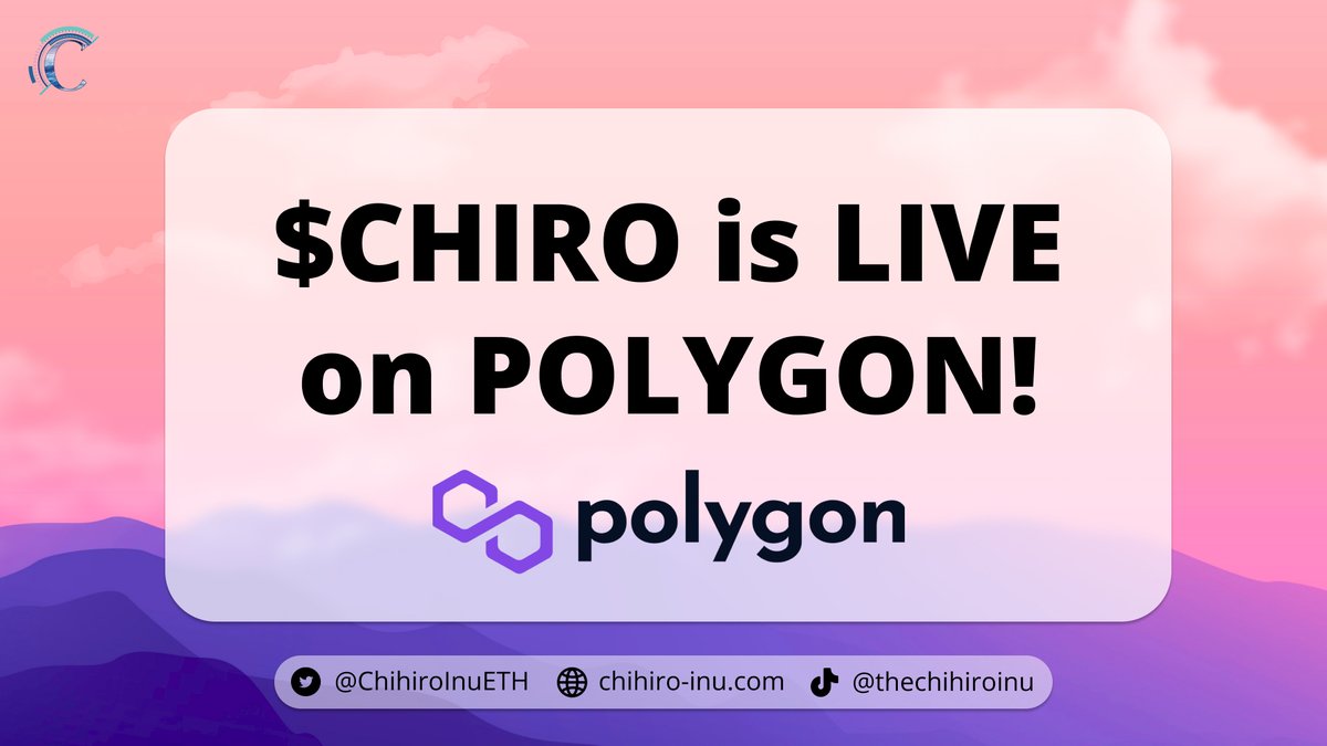 📢 Assemble #ChihiroArmy as $CHIRO 🪙 is NOW LIVE on #Polygon!! 🙌

1⃣ Head over to <a href="/QuickswapDEX/">QuickSwap 🐲 DragonFi 2.0</a> 
2⃣ Connect your <a href="/MetaMask/">MetaMask 🦊</a> 
3⃣ Enter the Contract Address below
0x35156b404c3f9bdaf45ab65ba315419bcde3775c

This day will go down in history! #LFG!! 🚀