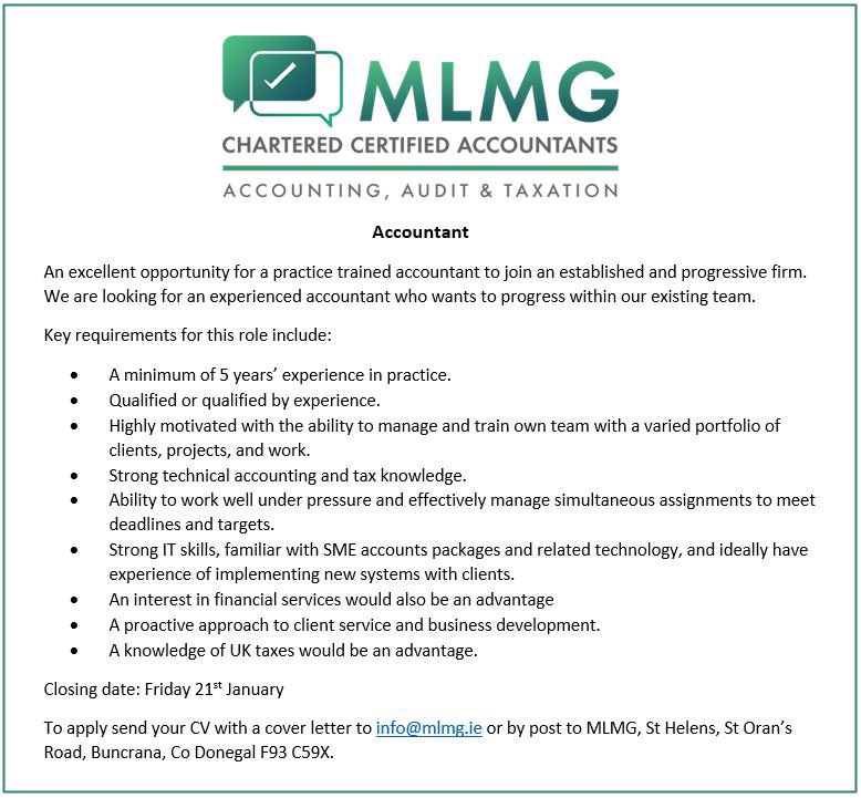 MLMG27880141's tweet photo. We are looking for an accountant to join our team.

Closing date: Friday 21st January

#jobopportunity #accountant #donegal https://t.co/dwg5rx1Tz9