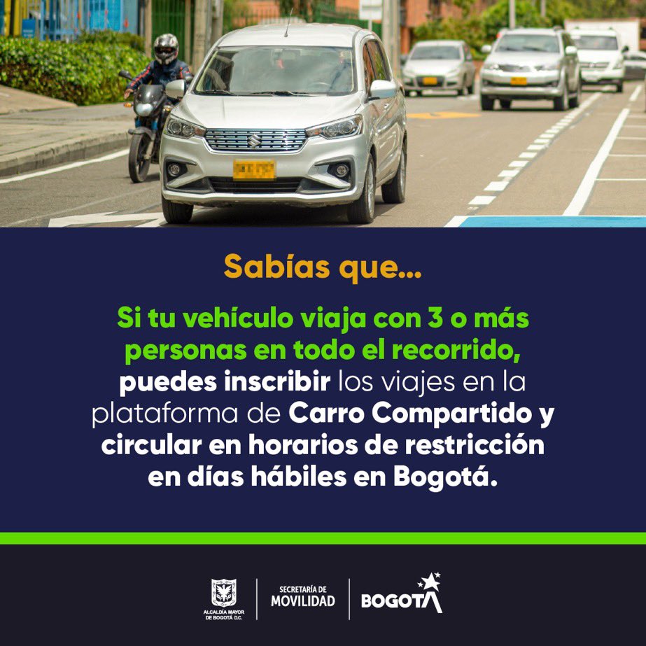 ClaudiaLopez's tweet photo. Solo el 20% de bogotanos tienen carro, pero usándolo individualmente, congestionan y contaminan al 100%.
Vamos por la movilidad compartida y sostenible: 1. carro con mínimo 3 ocupantes no tiene pico y placa. 2. Pago pico y placa solidario para exención, 3. Uso transporte público. https://t.co/k9UUcKVIJi