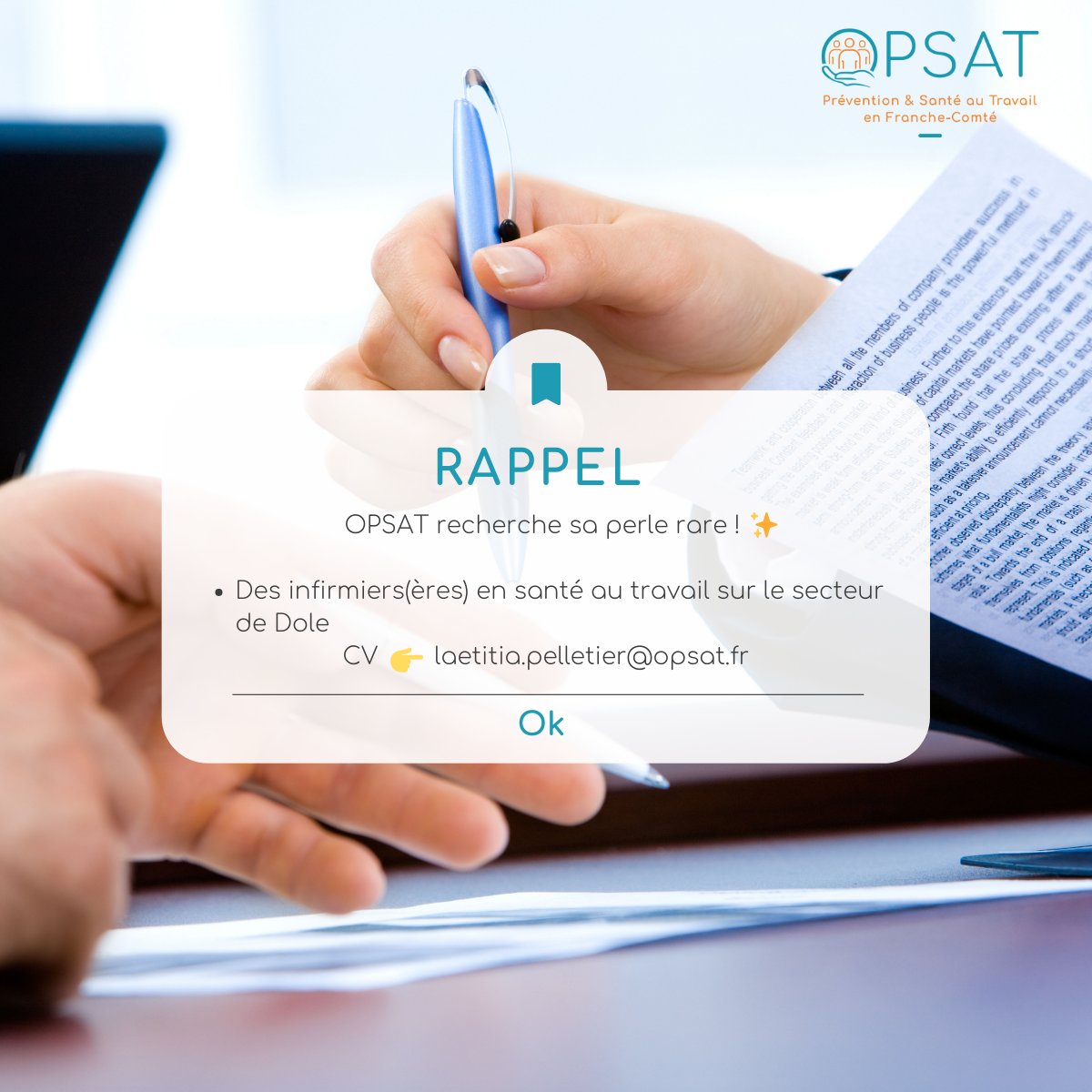 OPSAT9's tweet image. #OPSATrecrute
#OPSAT recherche sa perle rare sur le secteur de Dole !
👉 Vous êtes infirmier.ère en santé au travail et vous souhaitez rejoindre un service dynamique et tourné vers l’avenir ?
📧 Alors envoyez votre CV et lettre de motivation à laetitia.pelletier@opsat.fr 
#Emploi