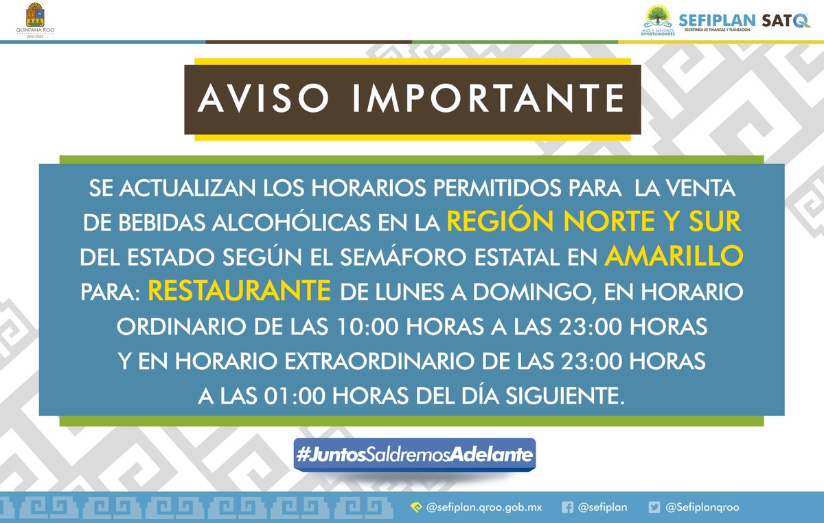 Sefiplanqroo's tweet photo. 🟡De acuerdo al #SemáforoEstatal en color #AMARILLO que entró en vigor el 10 de enero en todo #QuintanaRoo, se modifican los horarios permitidos para la venta de bebidas alcohólicas. 

Consulta los horarios vía WhatsApp 998 896 1853 o al mail dglba.sefiplan@gmail.com https://t.co/dcmuC7SrkD