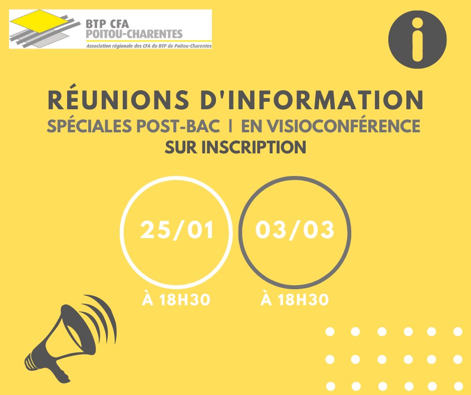 𝐏𝐫é𝐩𝐚𝐫𝐨𝐧𝐬 𝐞𝐧𝐬𝐞𝐦𝐛𝐥𝐞 𝐥𝐚 𝐫𝐞𝐧𝐭𝐫é𝐞 𝟐𝟎𝟐𝟐 ! 😉
Nos 3 CFA vous proposent 2 réunions d'information spéciales POST-BAC le : 25 janvier &amp; le 03 mars 2022, à 18h30, en visioconférence !😀 
📄Inscriptions obligatoires sur urlz.fr/h676
#postbac #bâtiment