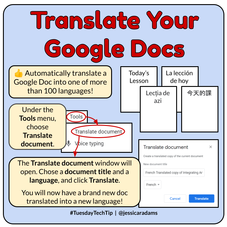 👍It's time for a #TuesdayTechTip! Automatically translate <a href="/googledocs/">Google Docs</a> into one of more than 100 languages! <a href="/GoogleForEdu/">Google for Education</a>