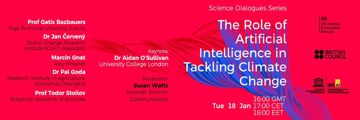 🗓 Tue, 18 Jan, 16:00 GMT
🔗 ircai.org/series-science…
 
Can artificial intelligence help fight climate change &amp; deliver on COP26? Join our expert-level discussion w/leading European scientists, to hear about the role of AI for our planet. <a href="/UKSINet/">UK Science & Innovation Network</a> <a href="/BritishCouncil/">British Council</a> #ScienceDialogues