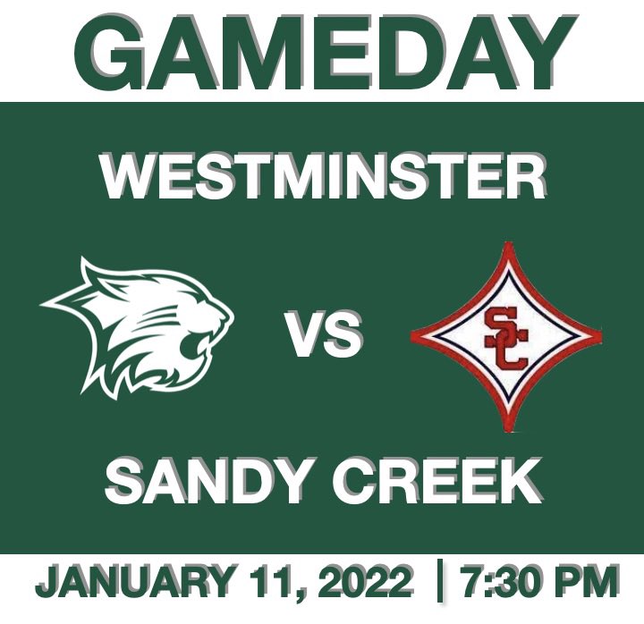🚨🏀Gameday🏀🚨

📆 TODAY - Jan. 11th
🆚 Sandy Creek Patriots
⏰ 7:30 pm
📍Turner Gym (Westminster)

Westminster Varsity Boys Basketball with a region 5-AAA matchup vs the defending region champs.