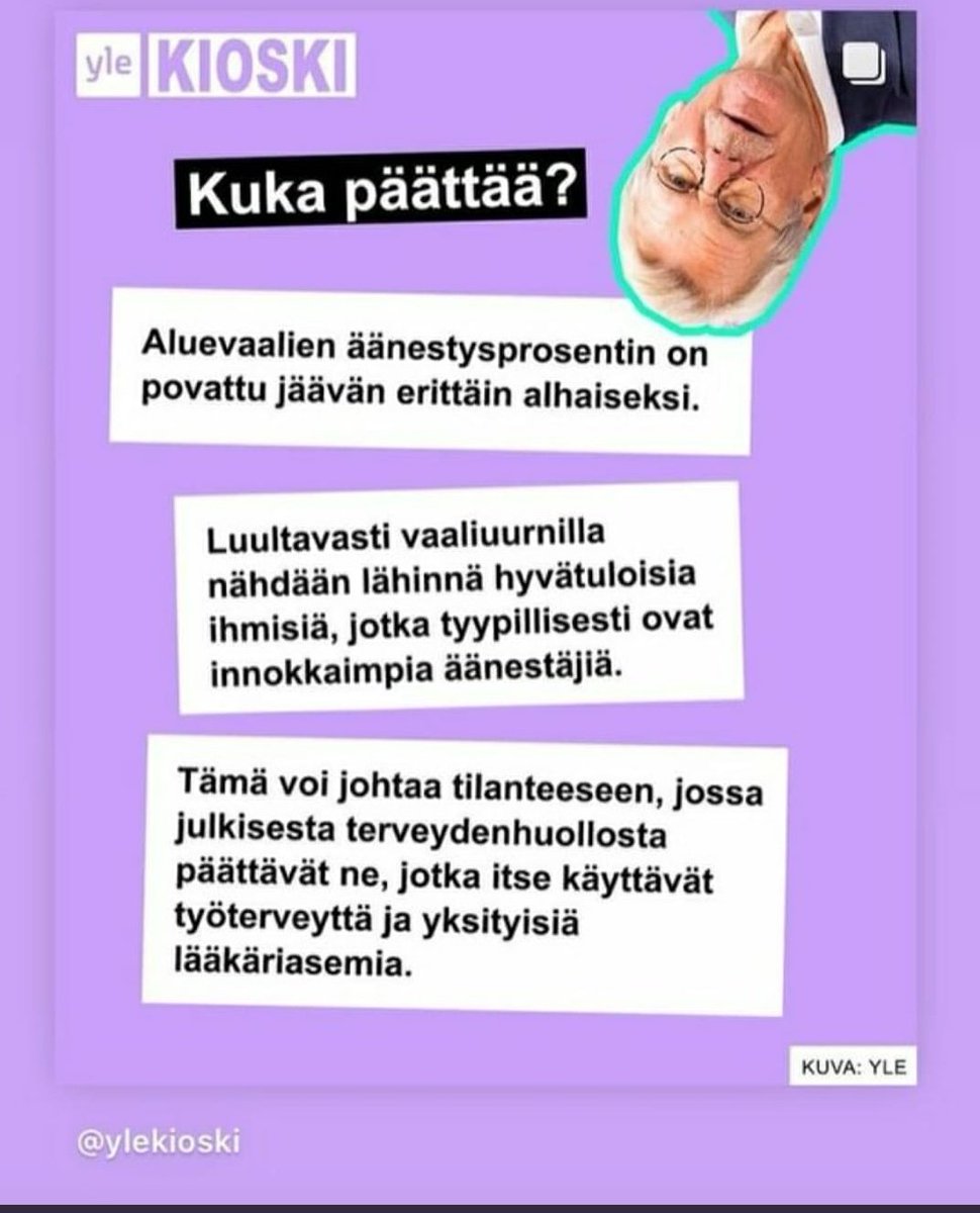 Jos haluaa vaikuttaa, äänestä. Niinkin yksinkertaista. Ylen retoriikan mukaan on huolestuttavaa että palveluiden maksajat osallistuvat yhteiskunnallisesti heihin vaikuttviin asioihin. Mitä?
#yle